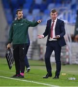 8 October 2020; Republic of Ireland manager Stephen Kenny reacts alongside Fourth Official Frank Schneider, left, during the UEFA EURO2020 Qualifying Play-Off Semi-Final match between Slovakia and Republic of Ireland at Tehelné pole in Bratislava, Slovakia. Photo by Stephen McCarthy/Sportsfile