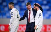8 October 2020; Republic of Ireland manager Stephen Kenny consoles Alan Browne, right, following defeat in the penalty-shootout of the UEFA EURO2020 Qualifying Play-Off Semi-Final match between Slovakia and Republic of Ireland at Tehelné pole in Bratislava, Slovakia. Photo by Stephen McCarthy/Sportsfile