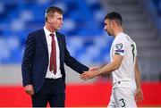 8 October 2020; Republic of Ireland manager Stephen Kenny consoles Enda Stevens following defeat in the penalty-shootout of the UEFA EURO2020 Qualifying Play-Off Semi-Final match between Slovakia and Republic of Ireland at Tehelné pole in Bratislava, Slovakia. Photo by Stephen McCarthy/Sportsfile