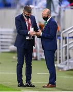 8 October 2020; Republic of Ireland manager Stephen Kenny, left, and Barry Gleeson, FAI Director of Operations, ahead of the UEFA EURO2020 Qualifying Play-Off Semi-Final match between Slovakia and Republic of Ireland at Tehelné pole in Bratislava, Slovakia. Photo by Stephen McCarthy/Sportsfile