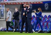 8 October 2020; Republic of Ireland manager Stephen Kenny, right, and FAI Interim Chief Executive Gary Owens ahead of the UEFA EURO2020 Qualifying Play-Off Semi-Final match between Slovakia and Republic of Ireland at Tehelné pole in Bratislava, Slovakia. Photo by Stephen McCarthy/Sportsfile