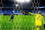 8 October 2020; Jan Gregus of Slovakia shoots to score his penalty past Darren Randolph of Republic of Ireland during the penalty-shootout of the UEFA EURO2020 Qualifying Play-Off Semi-Final match between Slovakia and Republic of Ireland at Tehelné pole in Bratislava, Slovakia. Photo by Vid Ponikvar/Sportsfile