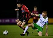 9 October 2020; Rob Manley of Longford Town is tackled by Jonathan Carlin of Cabinteely during the SSE Airtricity League First Division match between Cabinteely and Longford Town at Stradbrook in Blackrock, Dublin. Photo by Harry Murphy/Sportsfile
