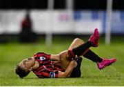 9 October 2020; Aaron McNally of Longford Town goes down injured during the SSE Airtricity League First Division match between Cabinteely and Longford Town at Stradbrook in Blackrock, Dublin. Photo by Harry Murphy/Sportsfile