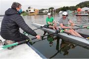 10 October 2020; Ronan Byrne and Daire Lynch of Ireland, with coach Antonio Maurogiovanni, left, ahead of competing in the Men's Double Sculls event on day two of the 2020 European Rowing Championships in Poznan, Poland. Photo by Jakub Piaseki/Sportsfile