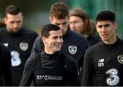 10 October 2020; Josh Cullen, left, and Callum O’Dowda make their way to the pitch ahead of a Republic of Ireland training session at the FAI National Training Centre in Abbotstown, Dublin. Photo by Stephen McCarthy/Sportsfile