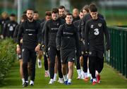 10 October 2020; Republic of Ireland players make their way to the pitch, lead by, from left, Conor Hourihane, Josh Cullen and Callum O’Dowda ahead of a Republic of Ireland training session at the FAI National Training Centre in Abbotstown, Dublin. Photo by Stephen McCarthy/Sportsfile