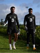 10 October 2020; Derrick Williams, left, and Cyrus Christie during a Republic of Ireland training session at the FAI National Training Centre in Abbotstown, Dublin. Photo by Stephen McCarthy/Sportsfile