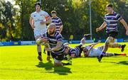 10 October 2020; Dewald Bernard of Terenure College scores a try during the Energia Community Series Leinster Conference 1 match between Terenure College and Dublin University at Lakelands Park in Dublin. Photo by Matt Browne/Sportsfile