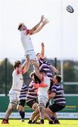 10 October 2020; Jamie Berrisford of Dublin University takes the ball in the lineout during the Energia Community Series Leinster Conference 1 match between Terenure College and Dublin University at Lakelands Park in Dublin. Photo by Matt Browne/Sportsfile