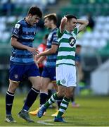 10 October 2020; Dean Williams of Shamrock Rovers II reacts to a missed shot on goal during the SSE Airtricity League First Division match between Shamrock Rovers II and Bray Wanderers at Tallaght Stadium in Dublin. Photo by Harry Murphy/Sportsfile
