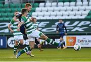10 October 2020; Darragh Lynch of Bray Wanderers shoots to score his side's first goal despite the tackle of Adam Wells of Shamrock Rovers II during the SSE Airtricity League First Division match between Shamrock Rovers II and Bray Wanderers at Tallaght Stadium in Dublin. Photo by Harry Murphy/Sportsfile