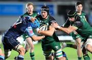 10 October 2020; Quinn Roux of Connacht is tackled by Olly Robinson of Cardiff Blues during the Guinness PRO14 match between Cardiff Blues and Connacht at Rodney Parade in Newport, Wales. Photo by Ben Evans/Sportsfile