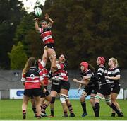 10 October 2020; Jessica Schmidt of Wicklow RFC wins possession in a lineout during the Energia Women's Community Series Leinster Conference match between Old Belvedere College RFC and Wicklow RFC at Old Belvedere Rugby Club in Dublin. Photo by Matt Browne/Sportsfile