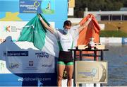 11 October 2020; Fintan McCarthy of Ireland celebrates with his bronze medal after finishing third in the Men's Lightweight Single Sculls A Final on day three of the 2020 European Rowing Championships in Poznan, Poland. Photo by Jakub Piaseki/Sportsfile