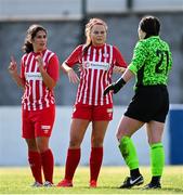 10 October 2020; Treaty United players, from left, Shannon Parbat, Alannah Mitchell and Michaela Mitchell during the Women's National League match between Treaty United and Shelbourne at Jackman Park in Limerick. Photo by Ramsey Cardy/Sportsfile