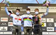 11 October 2020; Gold medallist Oisin O’Callaghan of Ireland, centre, with silver medallist Daniel Slack of Great Britain, left, and bronze medallist James Elliott following the Junior Men’s Downhill event during the UCI 2020 Mountain Bike World Championships in Salzburg, Austria. Photo by Simon Wilkinson/Sportsfile