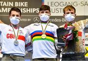 11 October 2020; Gold medallist Oisin O’Callaghan of Ireland, centre, with silver medallist Daniel Slack of Great Britain, left, and bronze medallist James Elliott following the Junior Men’s Downhill event during the UCI 2020 Mountain Bike World Championships in Salzburg, Austria. Photo by Simon Wilkinson/Sportsfile