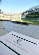 11 October 2020; A tribute to the late Michael Hayes of the FAI's Competitions Department in the Media Tribune prior to the UEFA Nations League B match between Republic of Ireland and Wales at the Aviva Stadium in Dublin. Photo by Eóin Noonan/Sportsfile