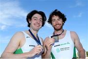 11 October 2020; Daire Lynch, left, and Ronan Byrne of Ireland celebrate with their medals after winning bronze in the Men’s Double Sculls M2x A Final during day three of the 2020 European Rowing Championships in Poznan, Poland. Photo by Jakub Piaseki/Sportsfile