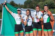 11 October 2020; Ireland rowers, from left, Aifric Keogh, Fiona Murtagh, Eimear Lambe and Aileen Crowley celebrate with their medals after winning bronze in the Women’s Four W4- A Final during day three of the 2020 European Rowing Championships in Poznan, Poland. Photo by Jakub Piaseki/Sportsfile