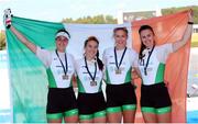 11 October 2020; Ireland rowers, from left, Aifric Keogh, Fiona Murtagh, Eimear Lambe and Aileen Crowley celebrate with their medals after winning bronze in the Women’s Four W4- A Final during day three of the 2020 European Rowing Championships in Poznan, Poland. Photo by Jakub Piaseki/Sportsfile