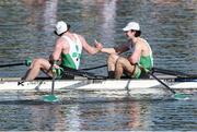 11 October 2020; Daire Lynch, right, and Ronan Byrne of Ireland celebrate after winning bronze in the Men’s Double Sculls M2x A Final during day three of the 2020 European Rowing Championships in Poznan, Poland. Photo by Jakub Piaseki/Sportsfile