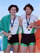 11 October 2020; Daire Lynch, left, and Ronan Byrne of Ireland celebrate with their medals after winning bronze in the Men’s Double Sculls M2x A Final during day three of the 2020 European Rowing Championships in Poznan, Poland. Photo by Jakub Piaseki/Sportsfile