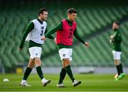 11 October 2020; Jayson Molumby, right, and Kevin Long of Republic of Ireland warm-up prior to the UEFA Nations League B match between Republic of Ireland and Wales at the Aviva Stadium in Dublin. Photo by Seb Daly/Sportsfile