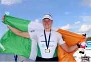 11 October 2020; Sanita Puspure of Ireland celebrates with her gold medal after winning the Women’s Single Sculls A Final during day three of the 2020 European Rowing Championships in Poznan, Poland. Photo by Jakub Piaseki/Sportsfile