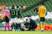 11 October 2020; Kevin Long of Republic of Ireland receives medical attention after an eye injury during the UEFA Nations League B match between Republic of Ireland and Wales at the Aviva Stadium in Dublin. Photo by Stephen McCarthy/Sportsfile