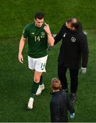 11 October 2020; Kevin Long of Republic of Ireland leaves the pitch after sustaining an injury during the UEFA Nations League B match between Republic of Ireland and Wales at the Aviva Stadium in Dublin. Photo by Eóin Noonan/Sportsfile