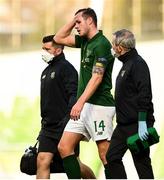11 October 2020; Kevin Long of Republic of Ireland leaves the pitch with an eye injury during the UEFA Nations League B match between Republic of Ireland and Wales at the Aviva Stadium in Dublin. Photo by Harry Murphy/Sportsfile