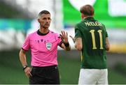 11 October 2020; Referee Tasos Sidiropoulos and James McClean of Republic of Ireland during the UEFA Nations League B match between Republic of Ireland and Wales at the Aviva Stadium in Dublin. Photo by Seb Daly/Sportsfile