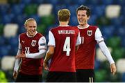 11 October 2020; Michael Gregoritsch of Austria, right, celebrates with team-mate Martin Hinteregger after scoring his side's first goal during the UEFA Nations League B match between Northern Ireland and Austria at the National Football Stadium at Windsor Park in Belfast. Photo by David Fitzgerald/Sportsfile