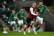 11 October 2020; Xaver Shlager of Austria in action against Craig Cathcart of Northern Ireland during the UEFA Nations League B match between Northern Ireland and Austria at the National Football Stadium at Windsor Park in Belfast. Photo by David Fitzgerald/Sportsfile