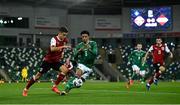 11 October 2020; Christopher Trimmel of Austria in action against Jamal Lewis of Northern Ireland during the UEFA Nations League B match between Northern Ireland and Austria at the National Football Stadium at Windsor Park in Belfast. Photo by David Fitzgerald/Sportsfile