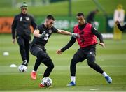 12 October 2020; Aaron Connolly is tackled by Adam Idah during a Republic of Ireland training session at the FAI National Training Centre in Abbotstown, Dublin. Photo by Stephen McCarthy/Sportsfile