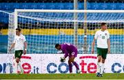 13 October 2020; Republic of Ireland players, from left, Lee O'Connor, goalkeeper Gavin Bazunu and William Smallbone react after conceding their side's second goal during the UEFA European U21 Championship Qualifier match between Italy and Republic of Ireland at Arena Garibaldi in Pisa, Italy. Photo by Roberto Bregani/Sportsfile