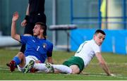 13 October 2020; Darragh Leahy of Republic of Ireland and Samuele Birindelli of Italy during the UEFA European U21 Championship Qualifier match between Italy and Republic of Ireland at Arena Garibaldi in Pisa, Italy. Photo by Roberto Bregani/Sportsfile