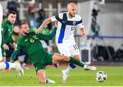 14 October 2020; Teemu Pukki of Finland is tackled by Conor Hourihane of Republic of Ireland during the UEFA Nations League B match between Finland and Republic of Ireland at Helsingin Olympiastadion in Helsinki, Finland. Photo by Mauri Forsblom/Sportsfile