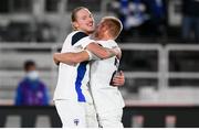 14 October 2020; Fredrik Jenson of Finland celebrates after scoring his side's first goal with team-mate Paulus Arajuuri, right, during the UEFA Nations League B match between Finland and Republic of Ireland at Helsingin Olympiastadion in Helsinki, Finland. Photo by Jussi Eskola/Sportsfile