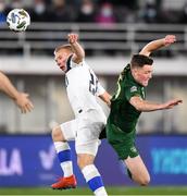 14 October 2020; Dara O'Shea of Republic of Ireland in action against Ilmari Niskanen of Finland during the UEFA Nations League B match between Finland and Republic of Ireland at Helsingin Olympiastadion in Helsinki, Finland. Photo by Jussi Eskola/Sportsfile