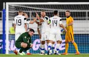 14 October 2020; Aaron Connolly of Republic of Ireland reacts as Finland players celebrate their victory following the UEFA Nations League B match between Finland and Republic of Ireland at Helsingin Olympiastadion in Helsinki, Finland. Photo by Jussi Eskola/Sportsfile