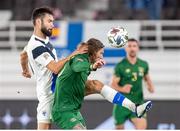 14 October 2020; Tim Sparv of Finland and Jeff Hendrick of Republic of Ireland during the UEFA Nations League B match between Finland and Republic of Ireland at Helsingin Olympiastadion in Helsinki, Finland. Photo by Mauri Forsblom/Sportsfile