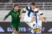 14 October 2020; Albin Granlund of Finland and Jeff Hendrick of Republic of Ireland during the UEFA Nations League B match between Finland and Republic of Ireland at Helsingin Olympiastadion in Helsinki, Finland. Photo by Mauri Forsblom/Sportsfile