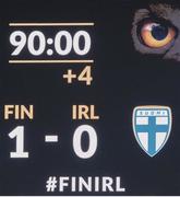 14 October 2020; A view of the scoreboard following the UEFA Nations League B match between Finland and Republic of Ireland at Helsingin Olympiastadion in Helsinki, Finland. Photo by Jussi Eskola/Sportsfile