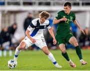 14 October 2020; Rasmus Schüller of Finland in action against Jason Knight of Republic of Ireland during the UEFA Nations League B match between Finland and Republic of Ireland at Helsingin Olympiastadion in Helsinki, Finland. Photo by Mauri Fordblom/Sportsfile