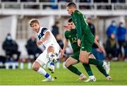 14 October 2020; Rasmus Schüller of Finland in action against Conor Hourihane, right, and Jason Knight of Republic of Ireland during the UEFA Nations League B match between Finland and Republic of Ireland at Helsingin Olympiastadion in Helsinki, Finland. Photo by Mauri Fordblom/Sportsfile