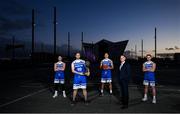 15 October 2020; In attendance at the Super League and Division One 2020/21 season launch are Belfast Star’s, from left, Sean Quinn, Conor Johnston, Jonny Foulds, coach Adrian Fulton and Conor Quinn. DCU Mercy will tip off their season in Trinity Sport against newly promoted Trinity Meteors on Saturday, 17th at 2pm. Belfast Star will have a new home this season in Lisburn Racquets. Their first game at the venue is due to be on November 28th, when they host UCD Marian in round 6. Photo by David Fitzgerald/Sportsfile